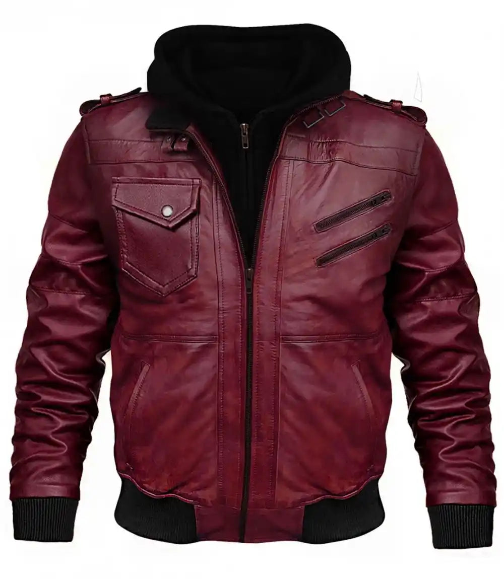 Mens Burgundy Leather Jacket Hood

