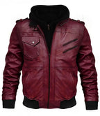 Mens Burgundy Leather Jacket Hood

