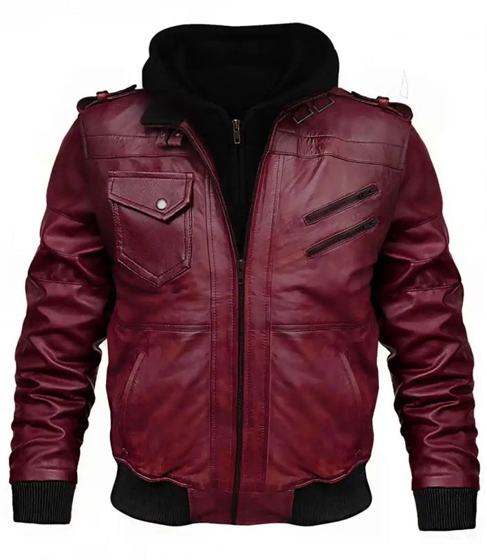 Mens Burgundy Leather Jacket Hood

