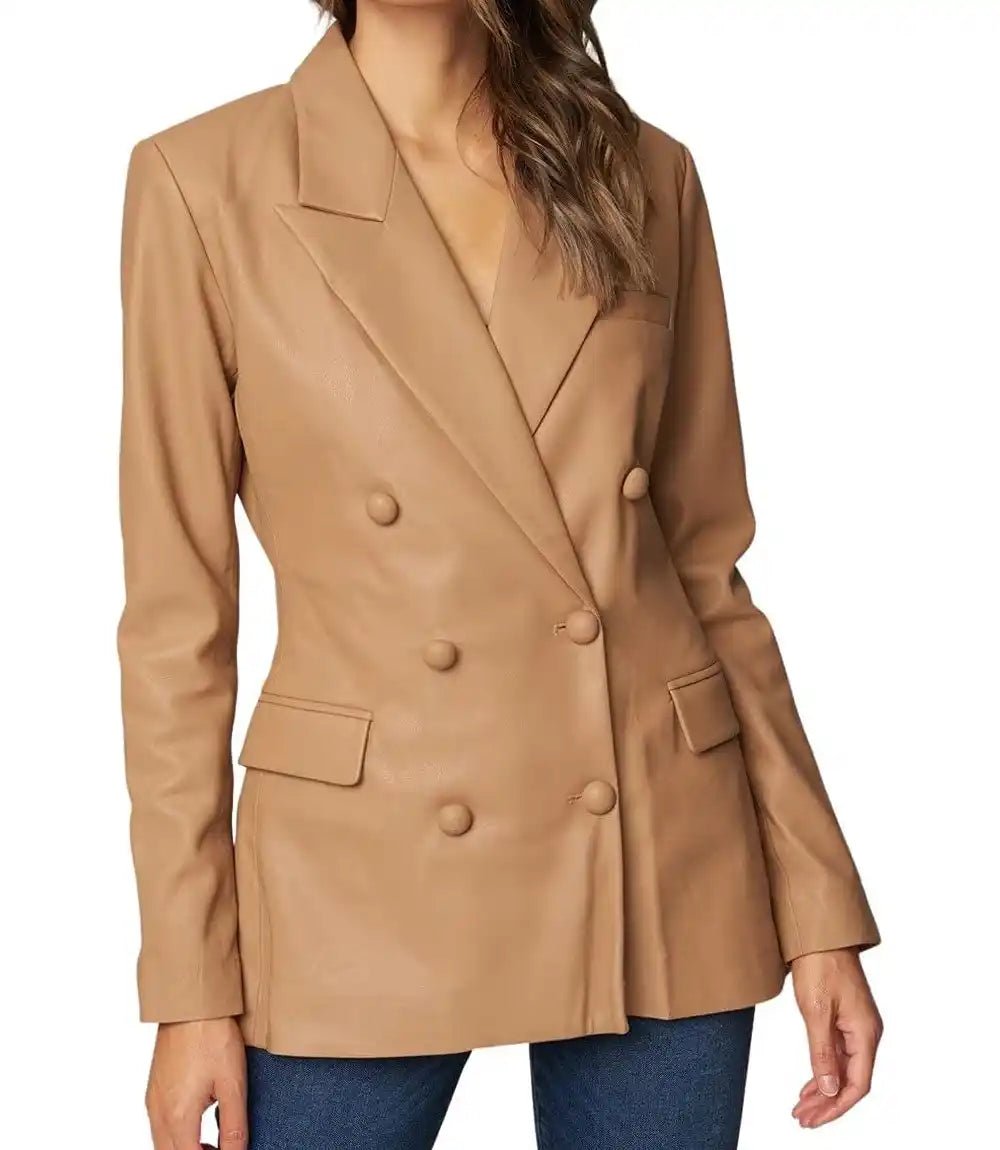Women Camel Designer Leather Blazer Jacket - MovieStarJacket