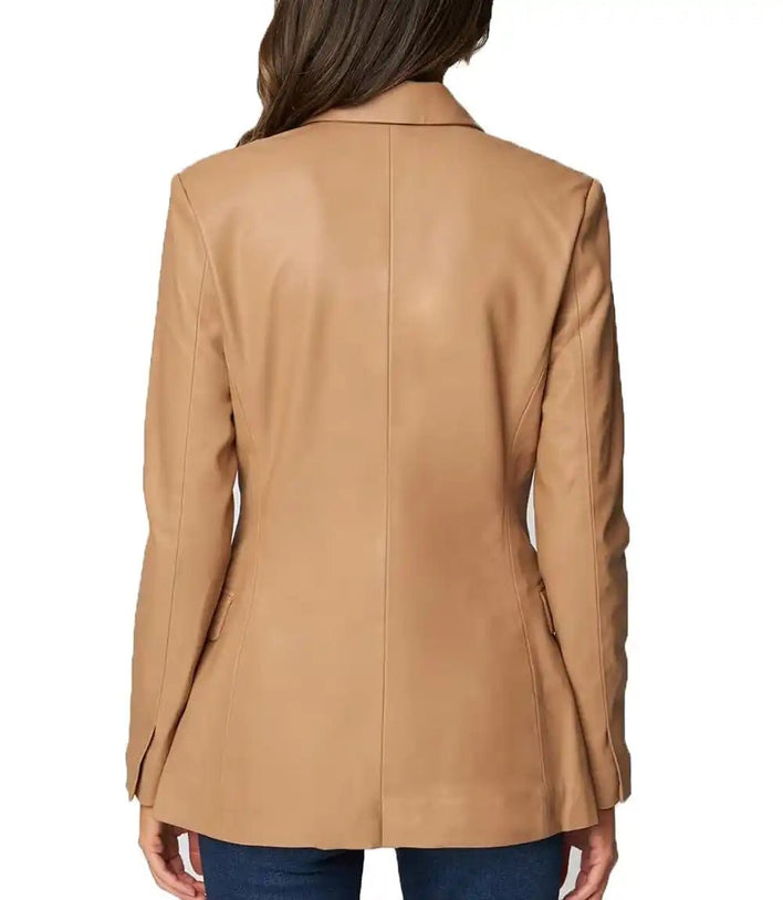 Women Camel Designer Leather Blazer Jacket - MovieStarJacket