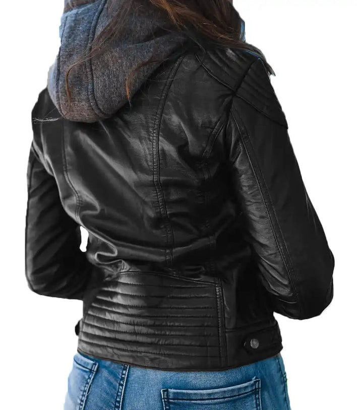 Women Cropped Black Hooded Leather Jacket - MovieStarJacket