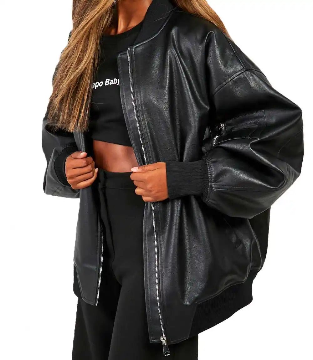 Women Oversized Long Black Leather Jacket - MovieStarJacket
