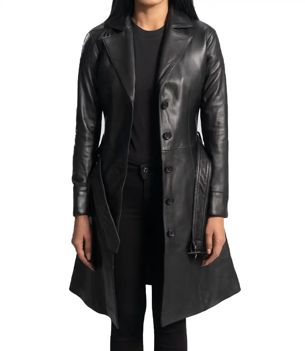 Women Leather Trench Coat Black | Long Belted Coat Winter

