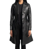 Women Leather Trench Coat Black | Long Belted Coat Winter

