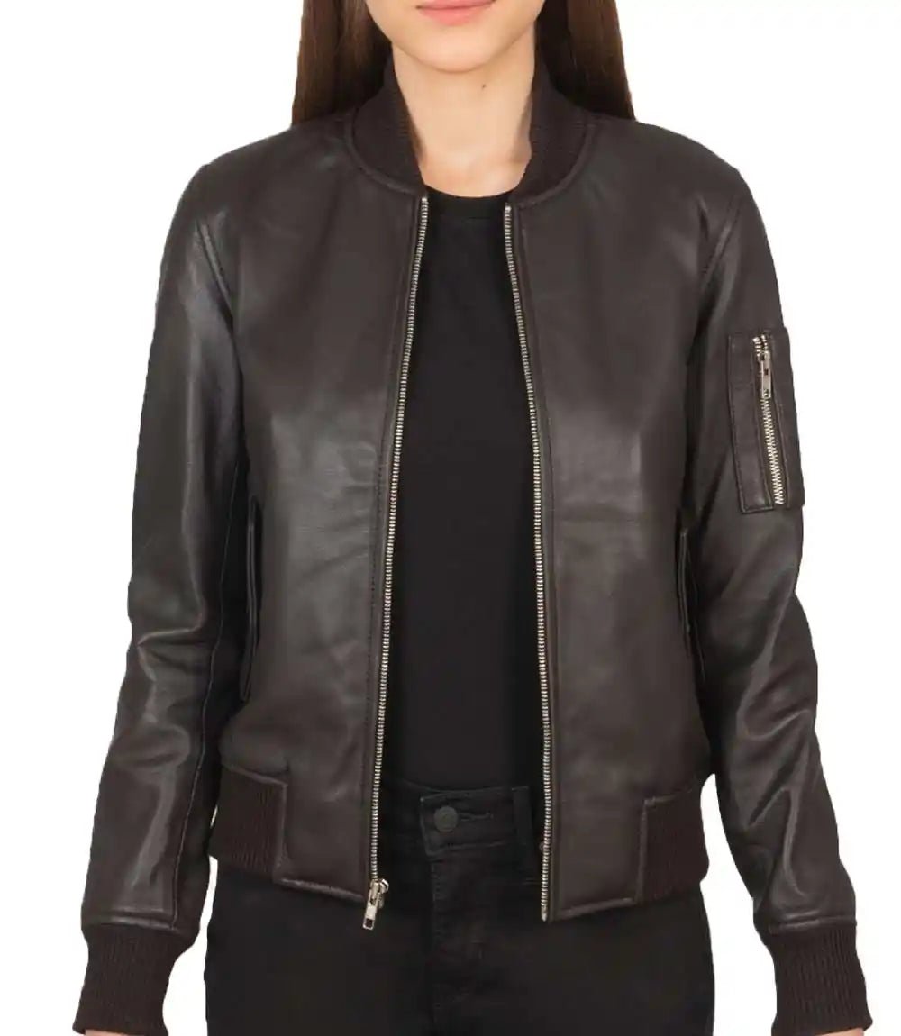 Womens Casual Black Leather Bomber Jacket - MovieStarJacket