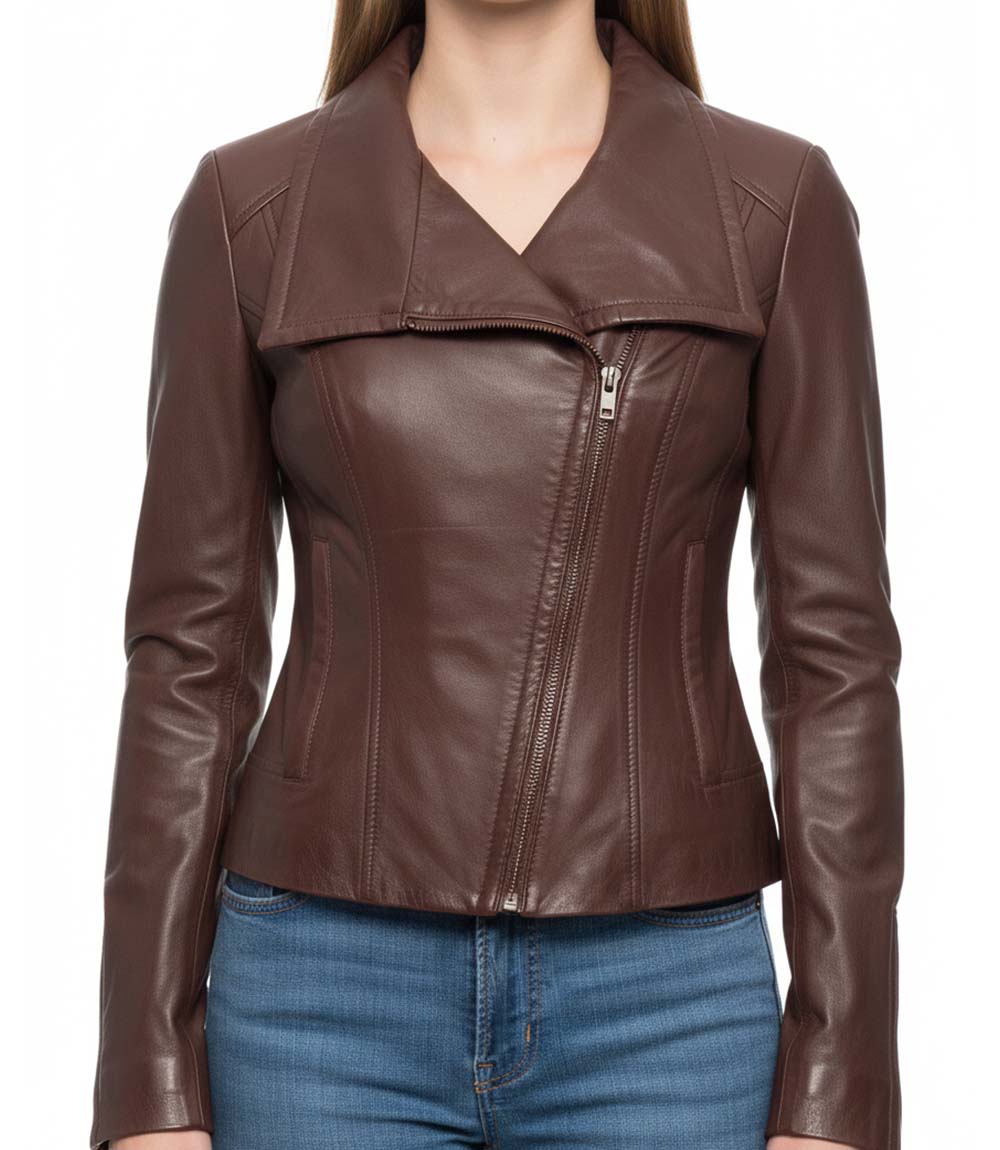 Womens Drape Collar Lyla Brown Leather Jacket - MovieStarJacket
