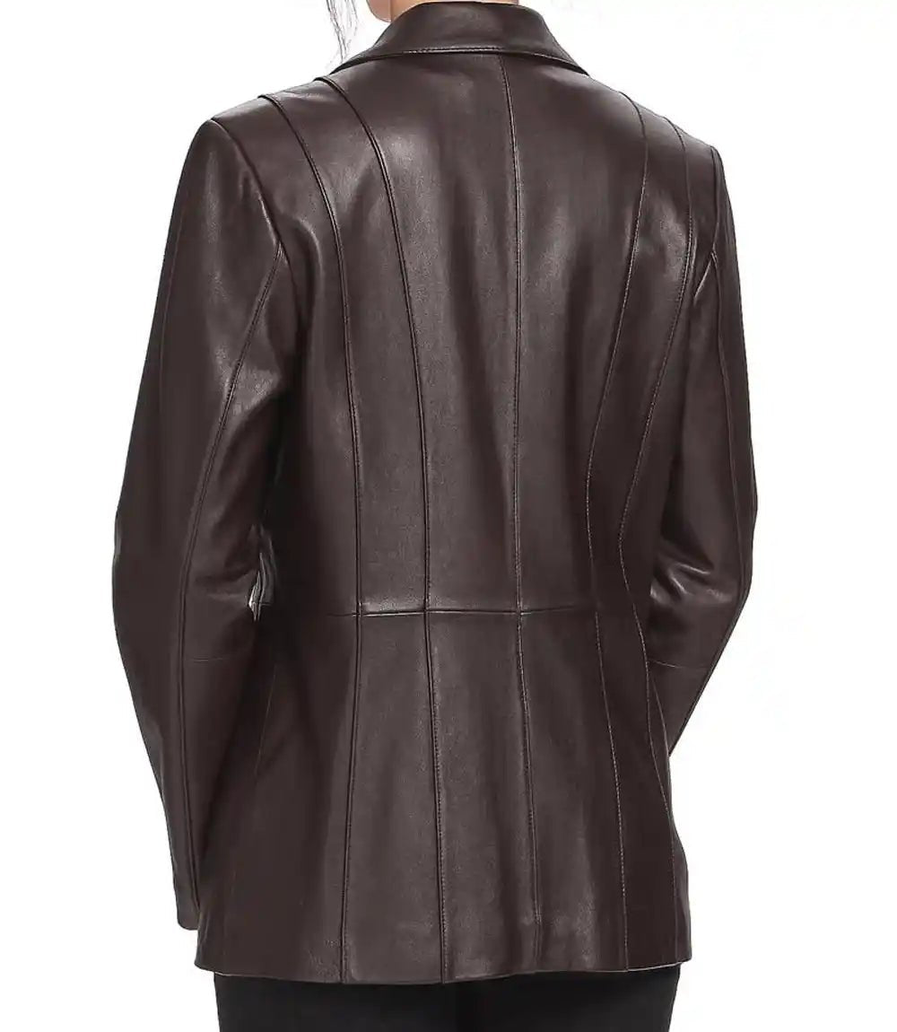 Womens New Look Tall Brown Leather Blazer Jacket - MovieStarJacket