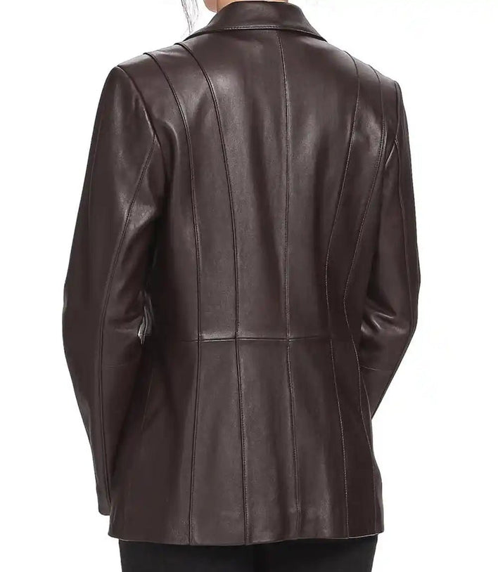 Womens New Look Tall Brown Leather Blazer Jacket - MovieStarJacket