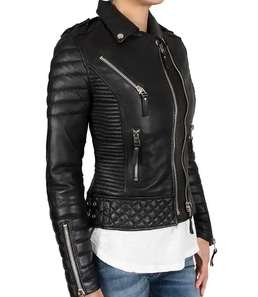 Womens Petite Black Quilted Leather Jacket