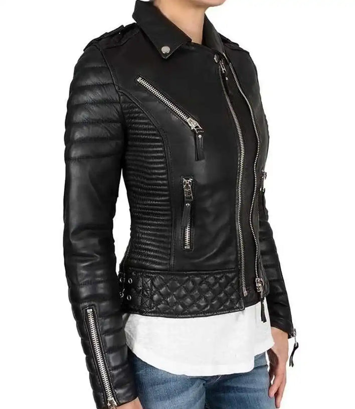 Womens Petite Black Quilted Leather Jacket