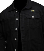 Black jacket with a logo on the chest against a white background