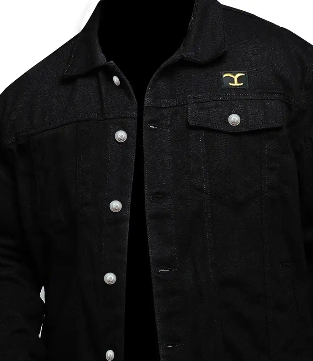 Black jacket with a logo on the chest against a white background