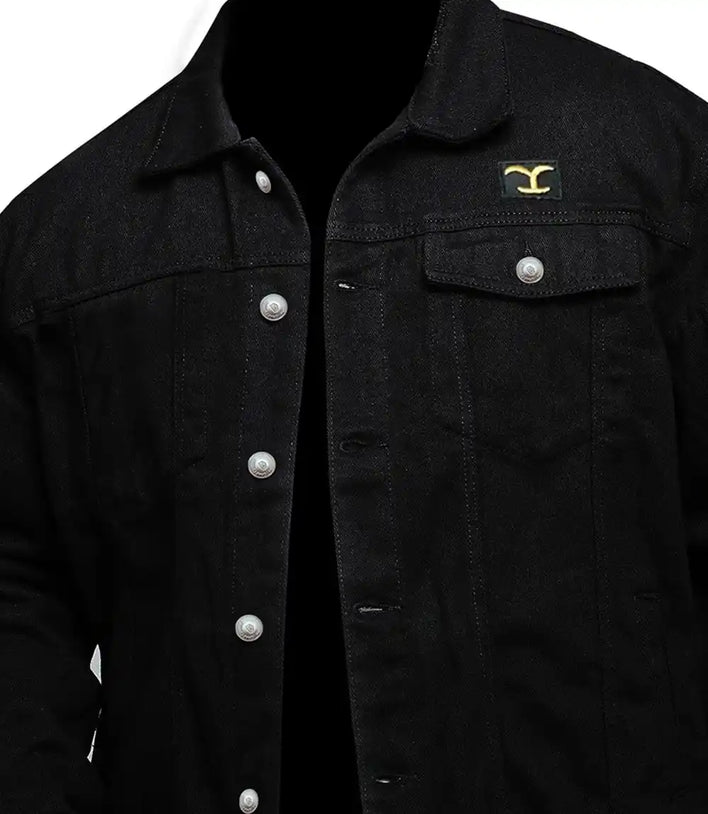 Black jacket with a logo on the chest against a white background