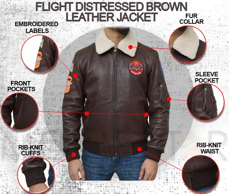 Distressed Brown Leather Flying Bomber Jacket