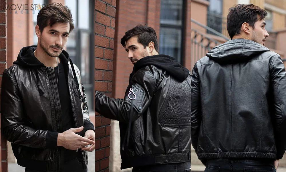 Mens Hooded Leather Jacket - detachable hood