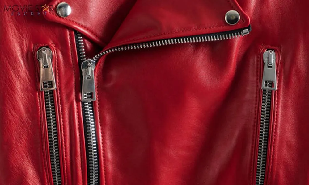 shiny zippers in red leather jacket