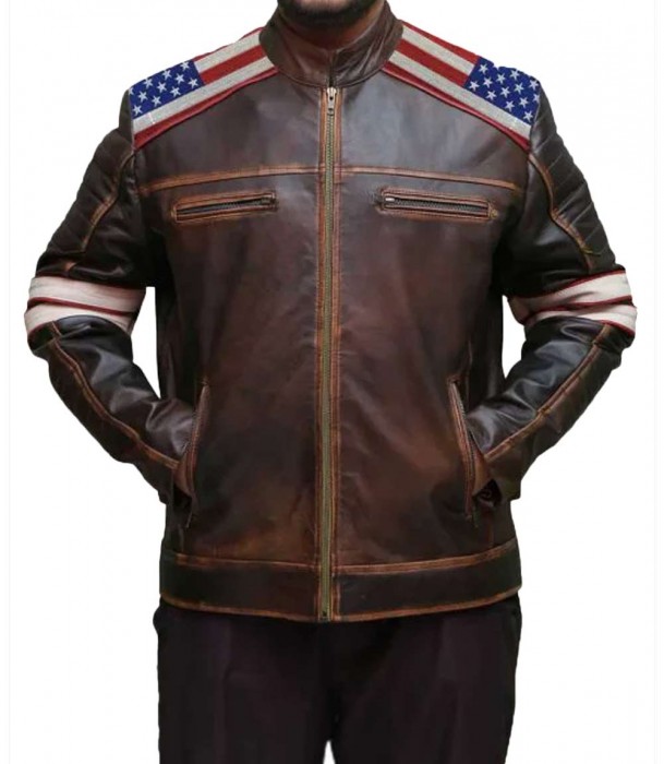 USA Padded Brown Distressed Motorcycle Jacket