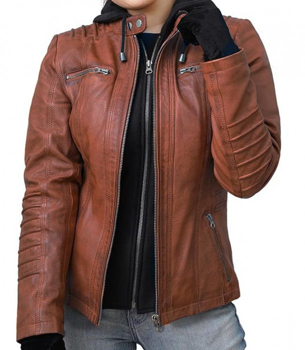 Brown Women Leather Jacket With Detachable Hood
