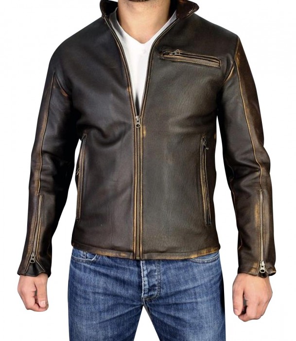Mens Distressed Brown Leather Jacket Vintage