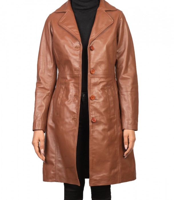 Brown Long Women Trench Leather Coat