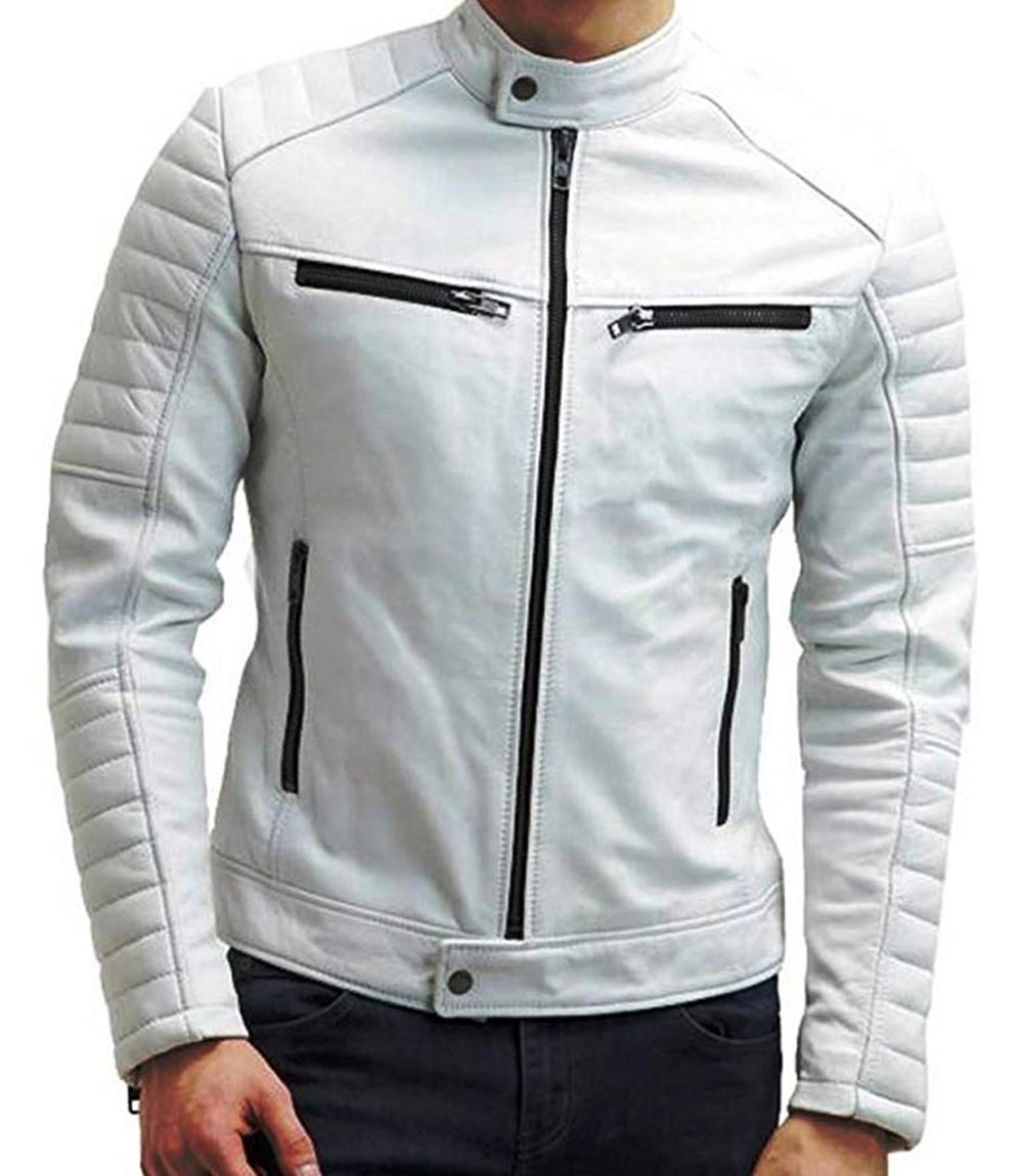 White Lambskin Leather Cafe Racer Jacket | Cafe Racer White Leather Jacket