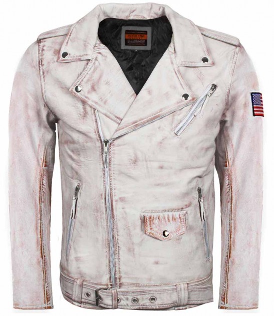 Mens USA Flag White Distressed Motorcycle Leather Jacket