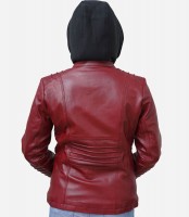 Distressed Red Women Hooded Style Jacket