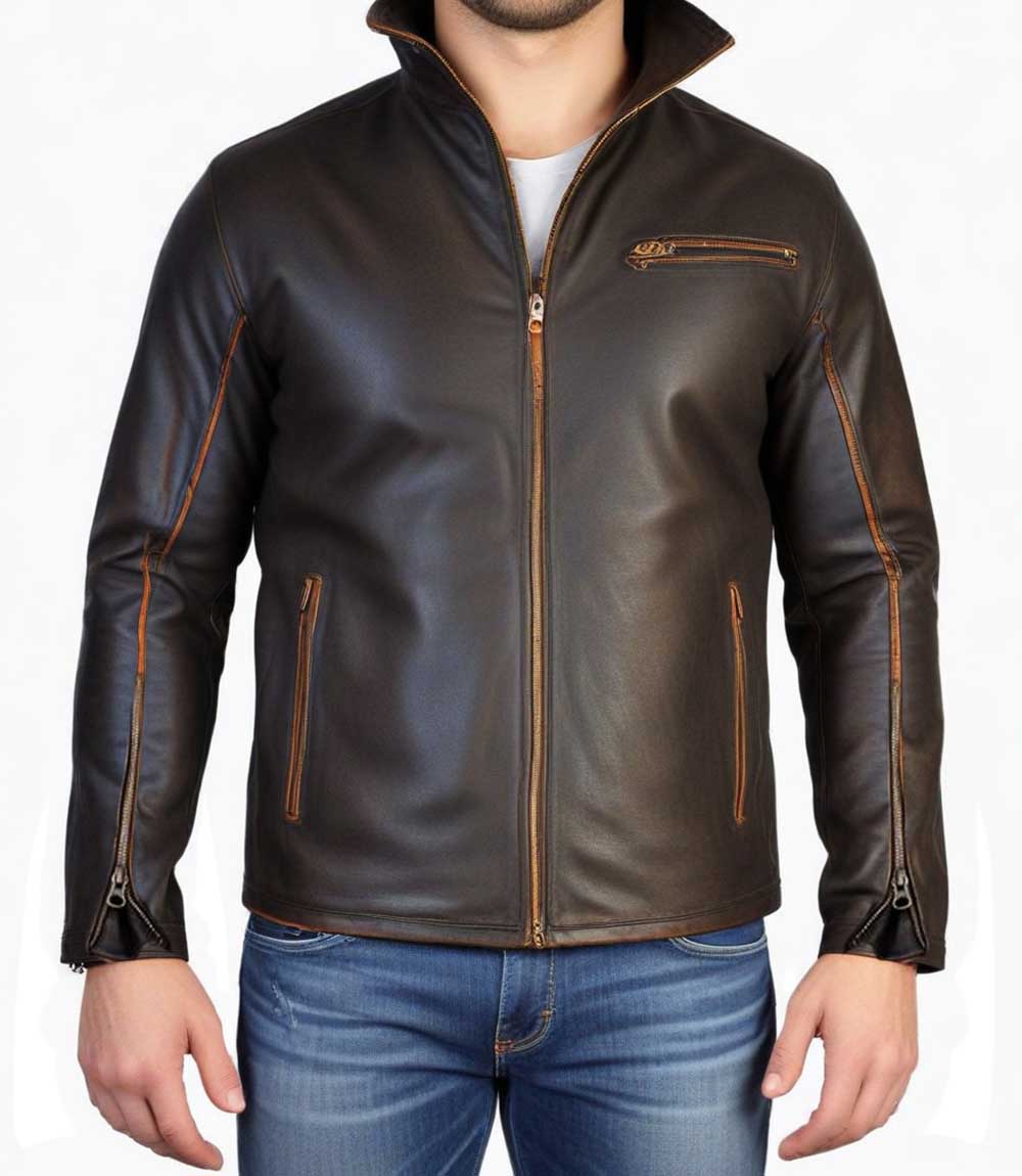 Vintage Mens Distressed Genuine Leather Jacket Fashion Leather Jacket